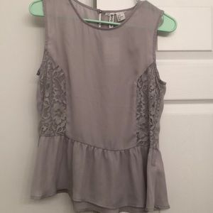 grey blouse with peplum and lace detail